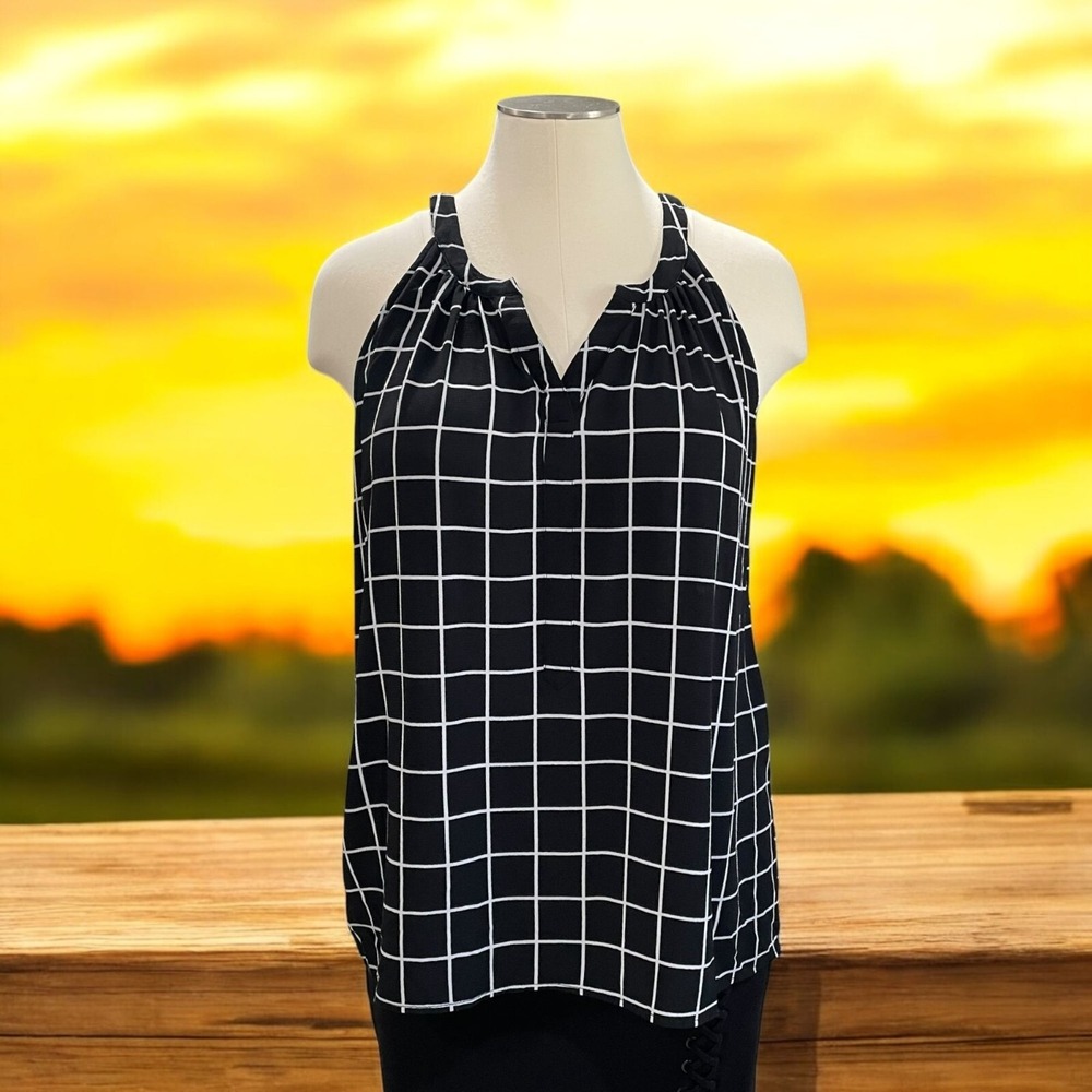 Tacera Grid Print Halter Blouse Black White Plus Size 2X Minimalist Trendy‎ Work